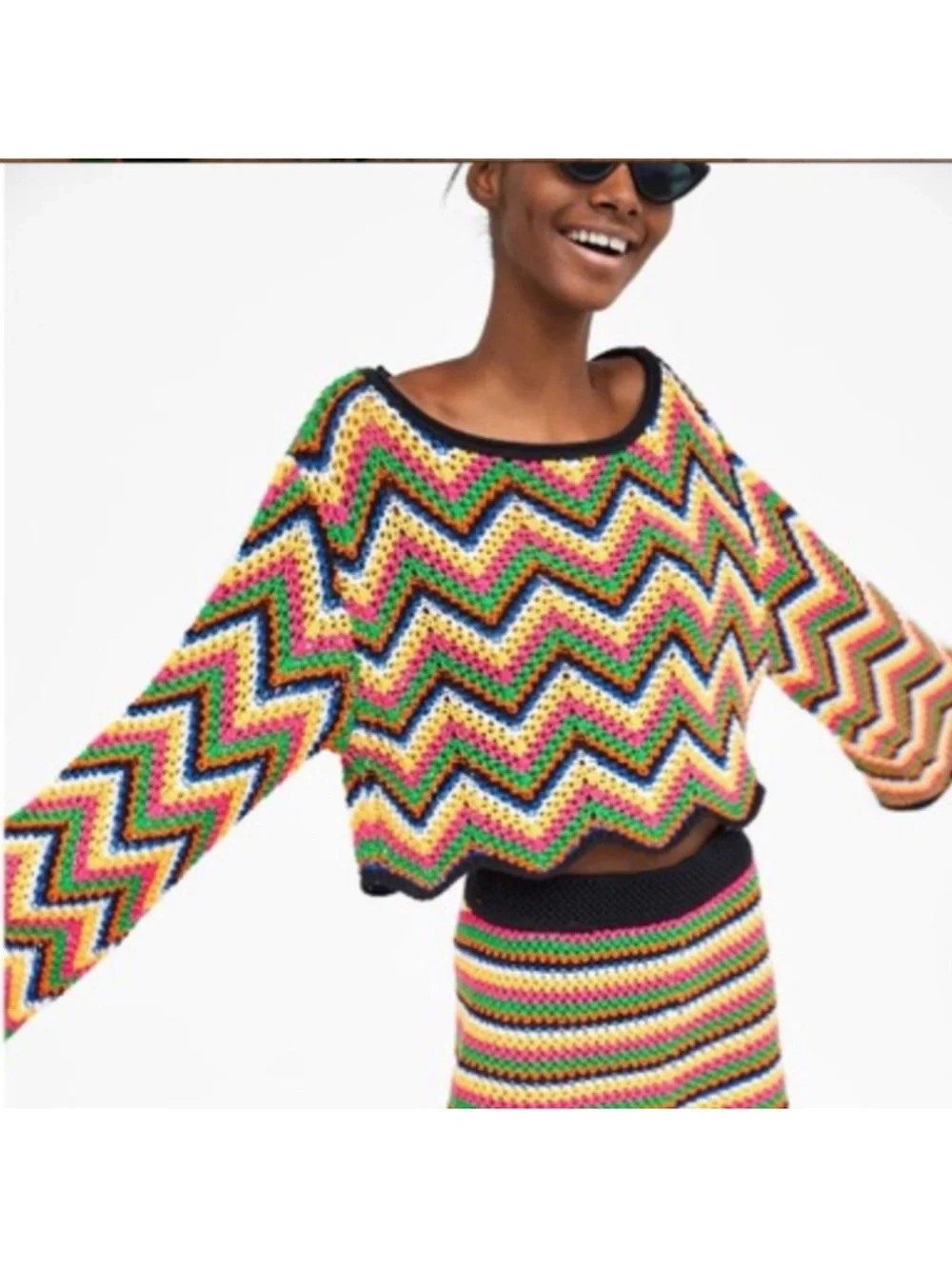 Zara‎ Colorful Crochet Zigzag Sweater – Size Large
